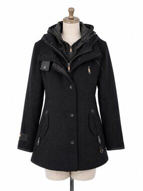 Superdry Womens 2 in 1 Wool Coat Hooded Peacoat Winter Multi Layer Zip Jacket L